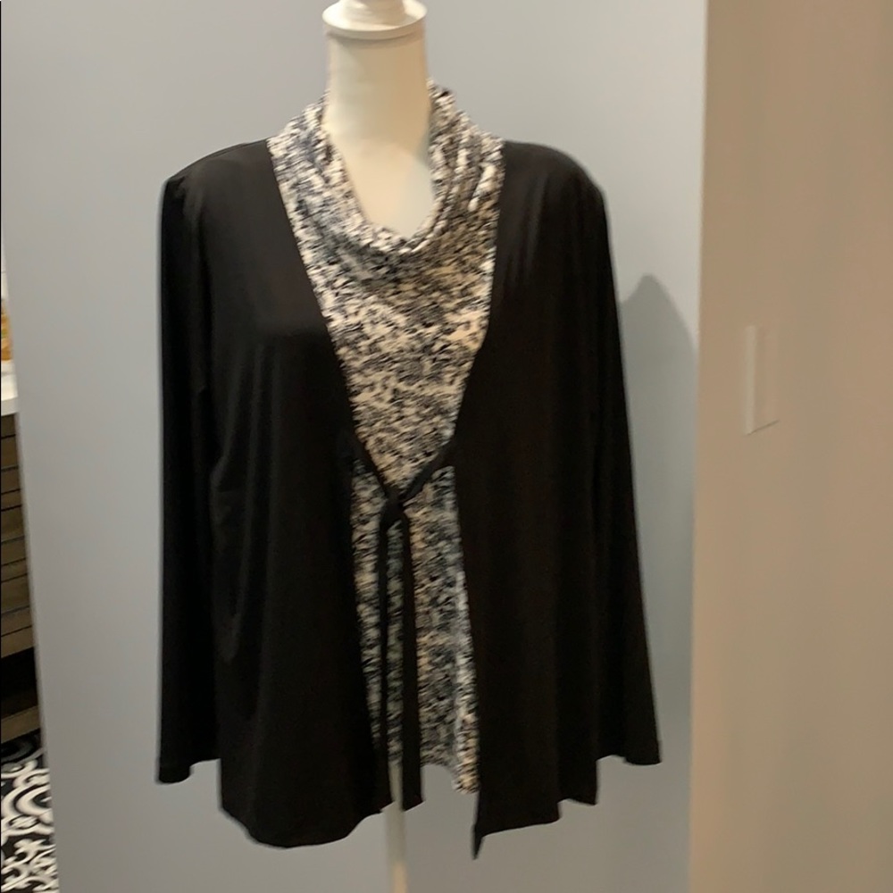 Black/white turtleneck with attached cardigan